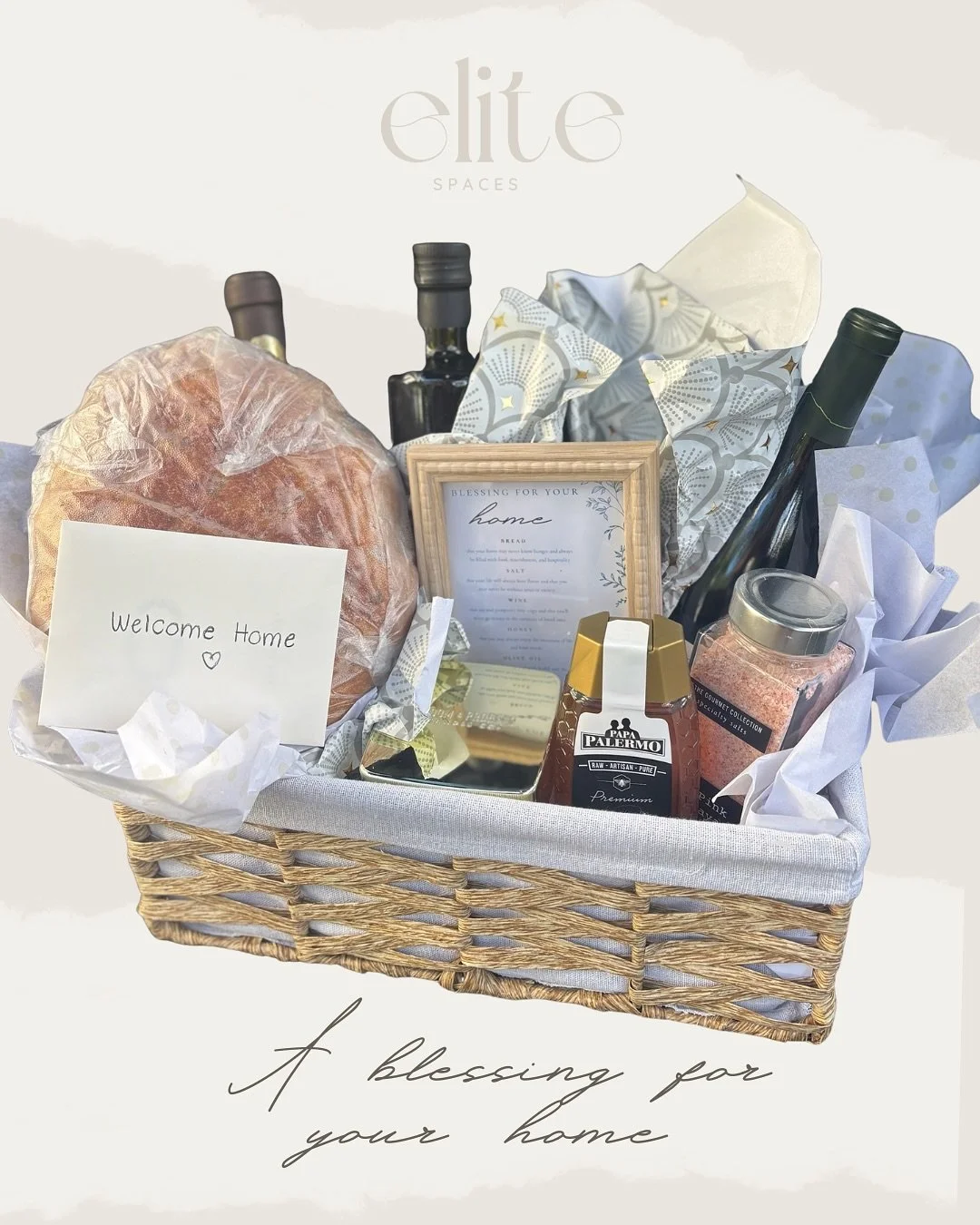 A little warmth, a little light, and a whole lot of love wrapped up in one basket 🤍

The perfect housewarming gift filled with simple blessings for a new beginning. Bread for nourishment, salt for flavor, wine for joy, honey for sweetness, olive oil