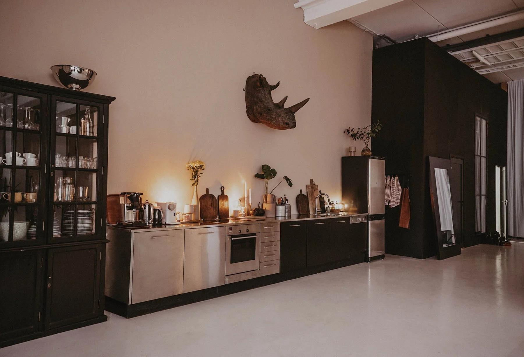 Modern kitchen with black and stainless steel cabinets, a mounted rhino head on the wall, and soft lighting.