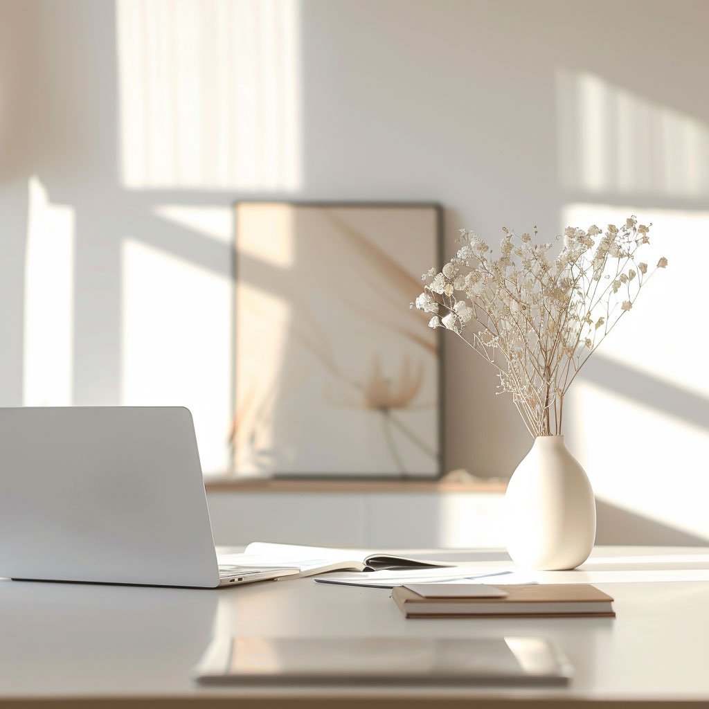 office desk with open computer and notebooks