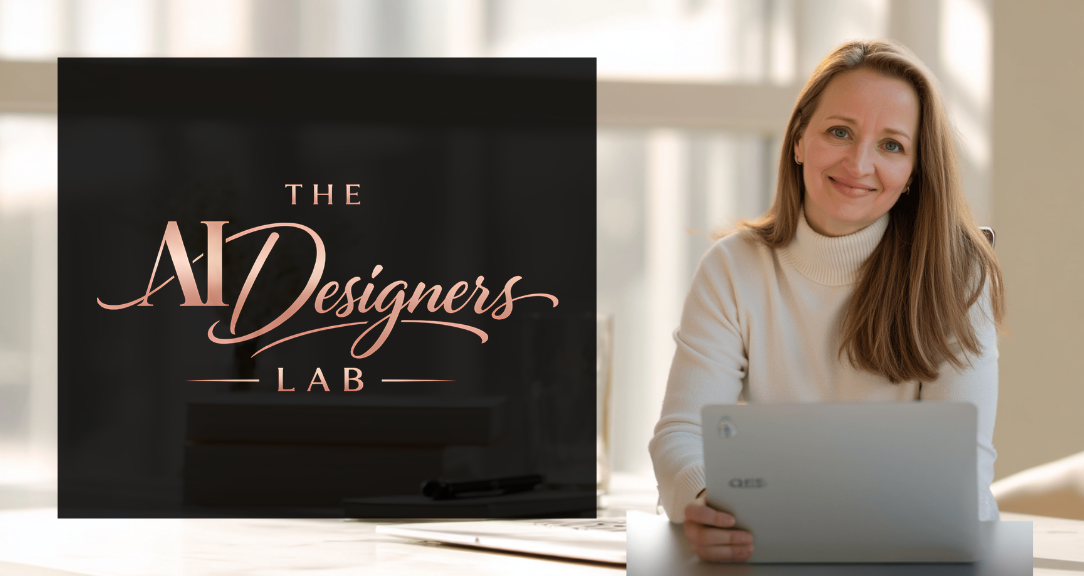 A woman with light brown hair and a white turtleneck sweater smiling and sitting at a desk with a tablet device in front of her, next to a black screen displaying 'The AI Designers Lab' logo in elegant pink font.