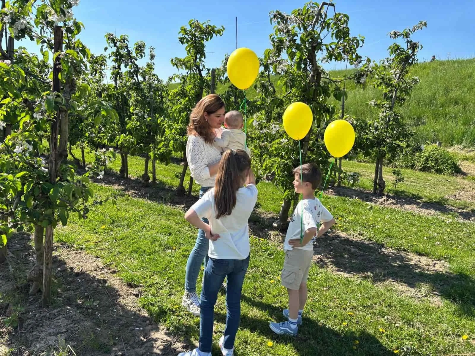 Vrouw en drie kinderen met gele ballonnen in een boomgaard op een zonnige dag.