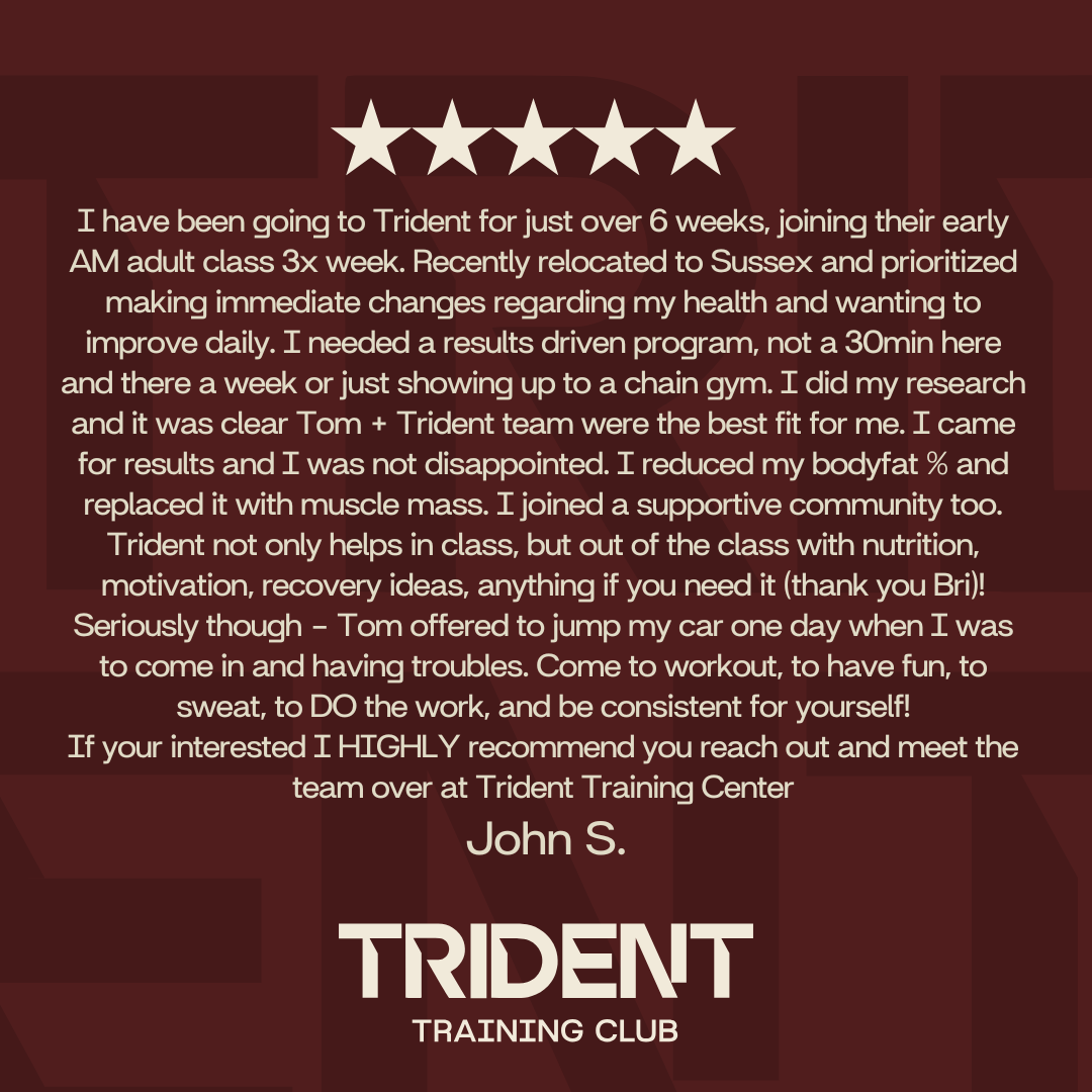 Customer testimonial for Trident Training Club with five stars, describing progress with fitness and nutrition, and recommending the club.