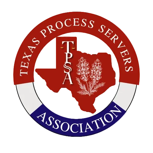 Logo of the Texas Process Servers Association, featuring the state of Texas in red, with white and purple circular text, as RAM Private Process Service is a legal member of this process serving association.