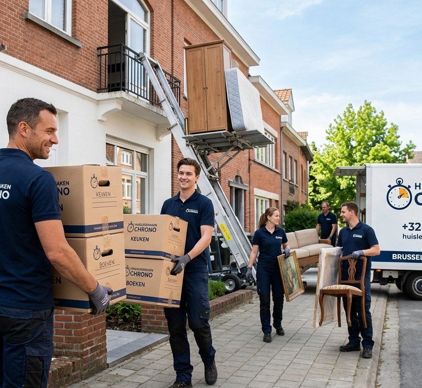 Vijf mensen die meubels en dozen dragen, verhuizen of bezorgen in een woonwijk met een verhuiswagen en verhuislift.