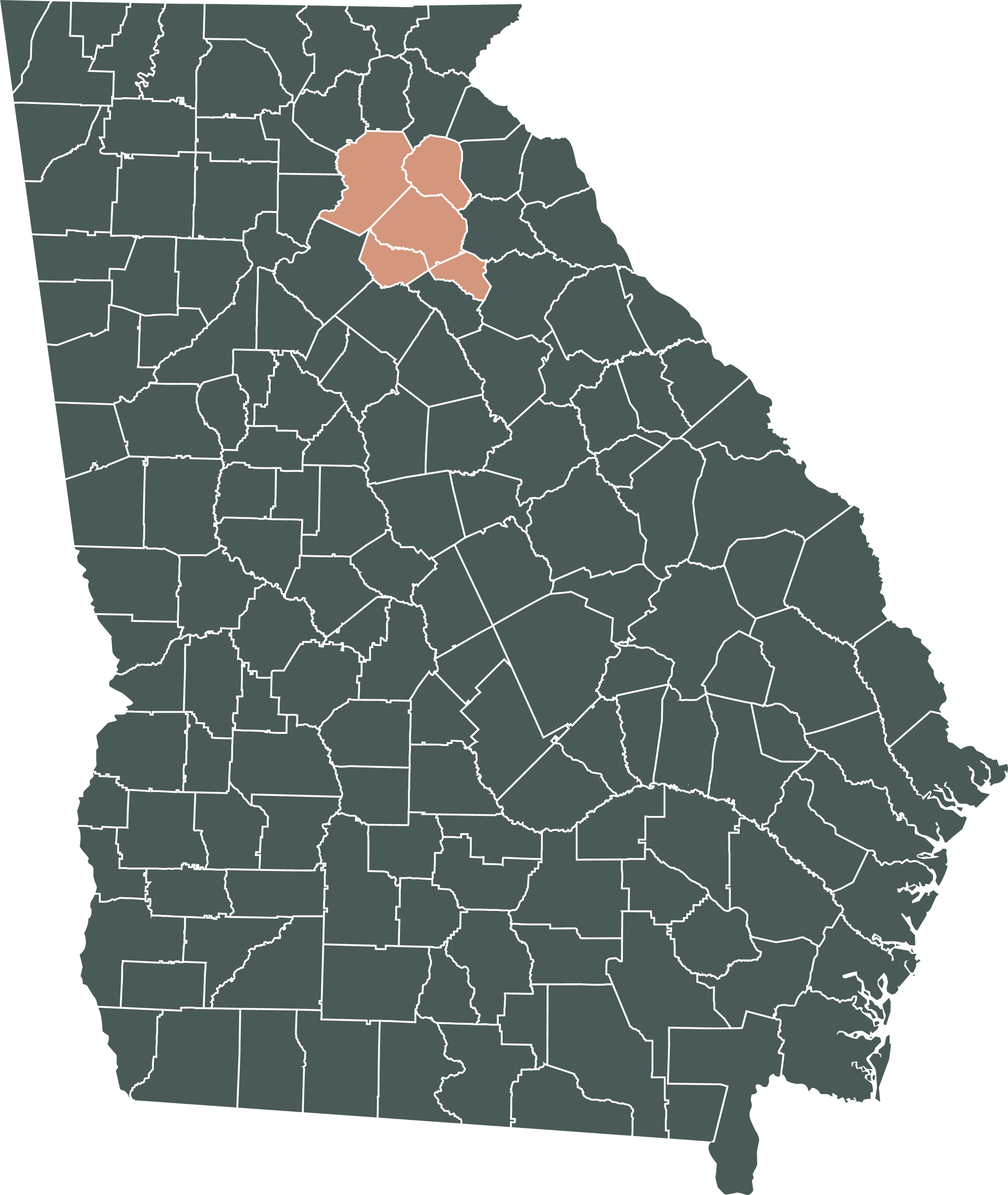 A map of Georgian counties where mediator Kate Bridges offers her services. Jackson County, Banks County, Barrow County, Athens-Clarke County, and Hall County are all highlighted as areas where Kate offers in-person services. Virtual mediation also.