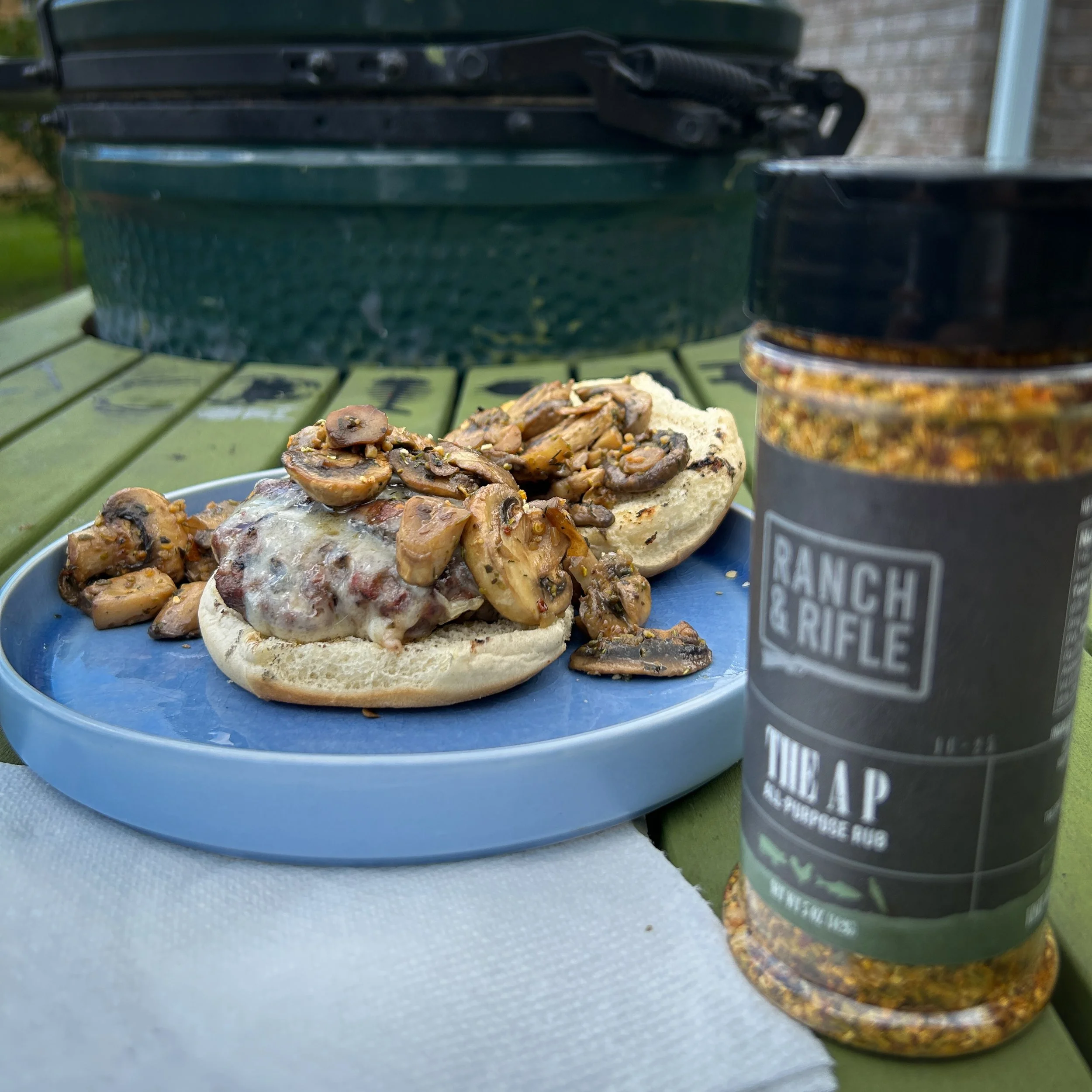 Mushroom Swiss Burger All Purpose A P Burger Charcoal grill.JPG