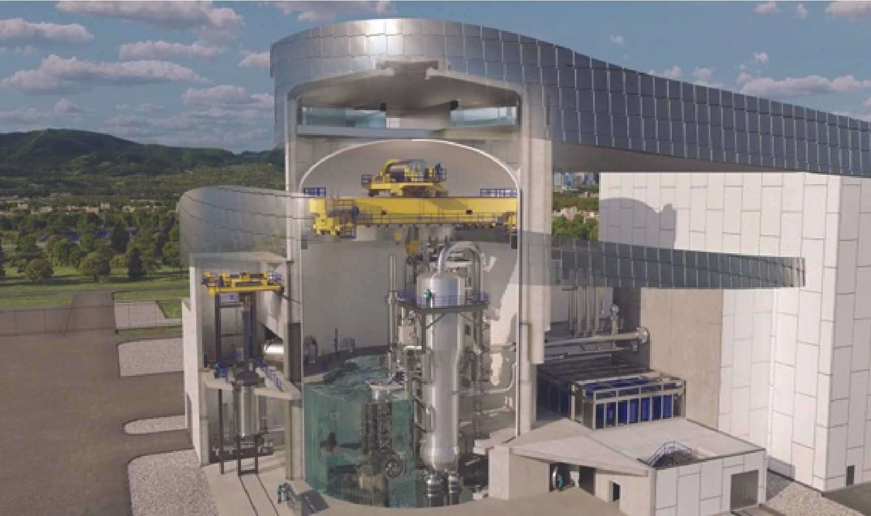 A detailed cutaway view of a nuclear power plant showing the reactor core, cooling systems, and surrounding infrastructure with a landscape and clouds in the background.