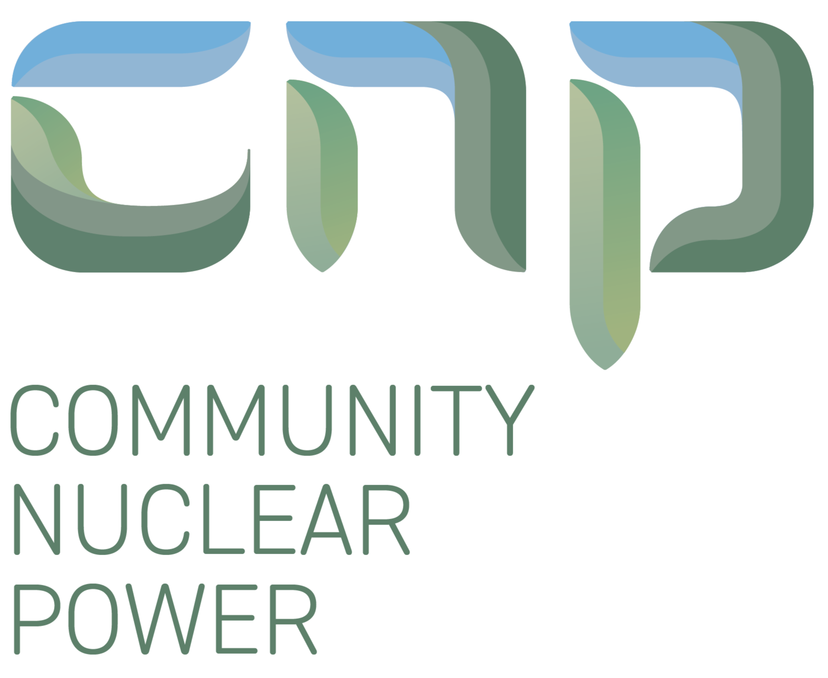 Logo with the words Community Nuclear Power and  'CNP' in stylized font with green and blue colors.