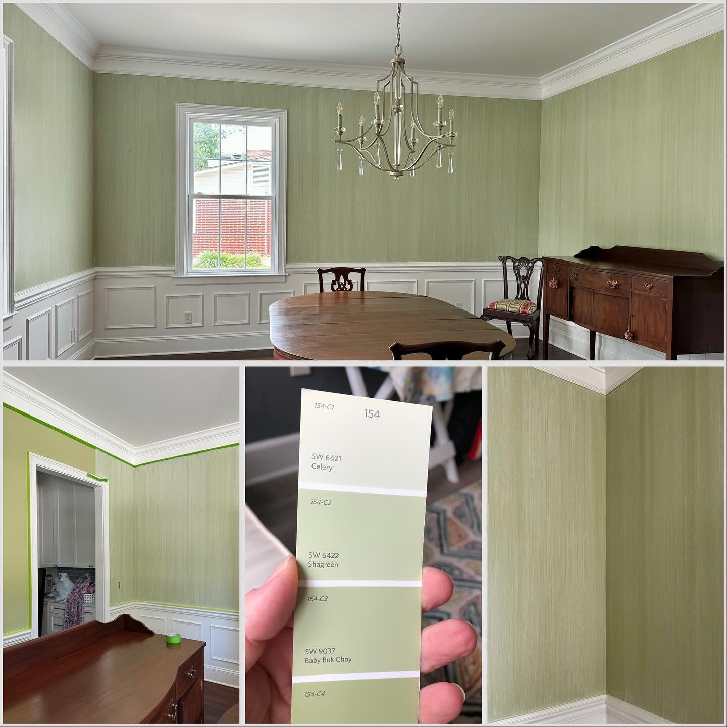 💚 
Last week I faux finished this beautiful dining room with an elegant strie finish. This particular finish perfectly mimics the highly-coveted (and very expensive!) look of grass cloth wallpaper. The bottom left pic shows a progress shot of before