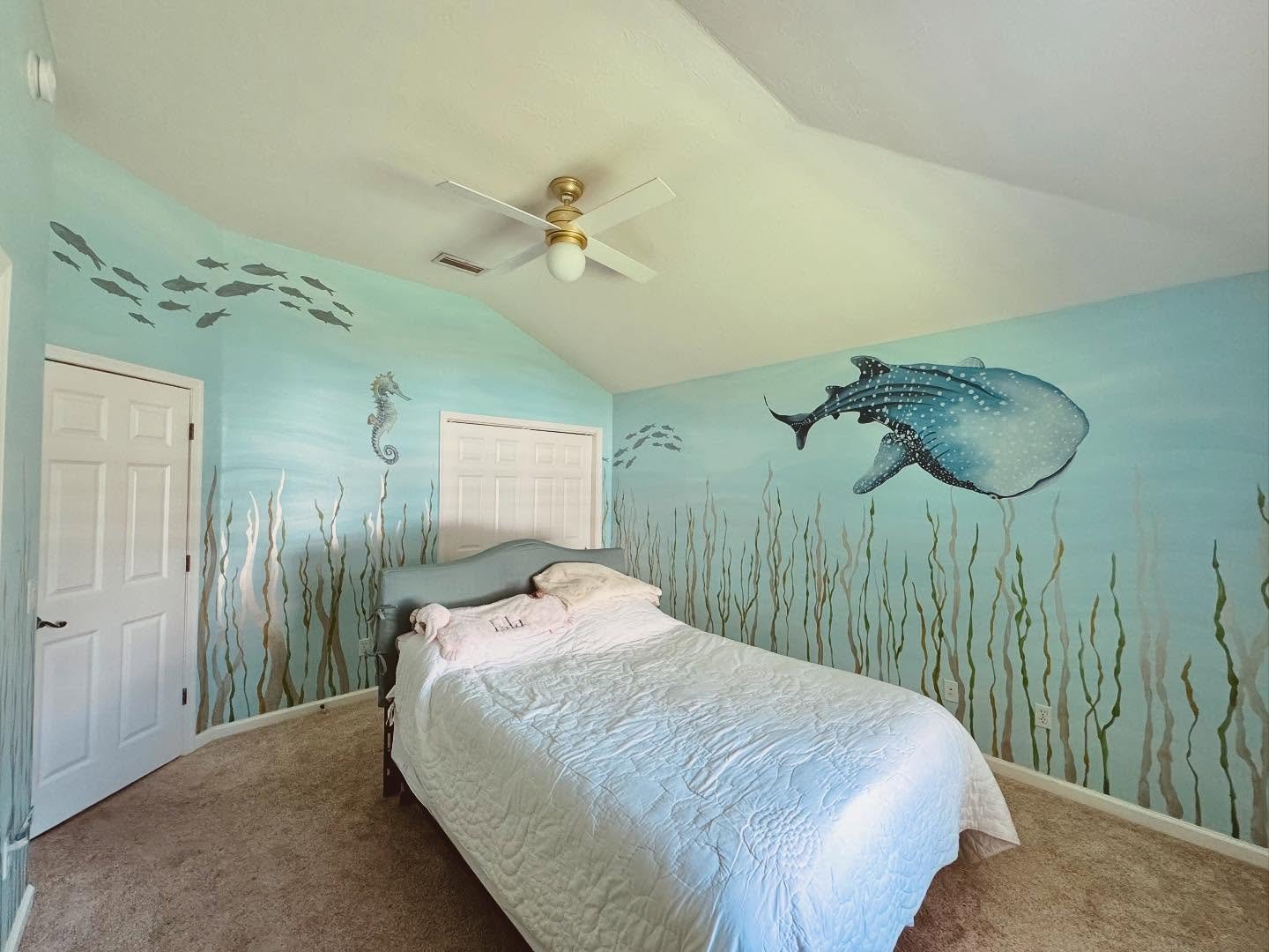🌊Dive into this dreamy underwater escape!🌊

I painted this mural last week for a pre-teen girl&rsquo;s bedroom that brings the magic of the ocean right into her personal space. Featuring a graceful whale shark, curious sea turtle, delicate seahorse