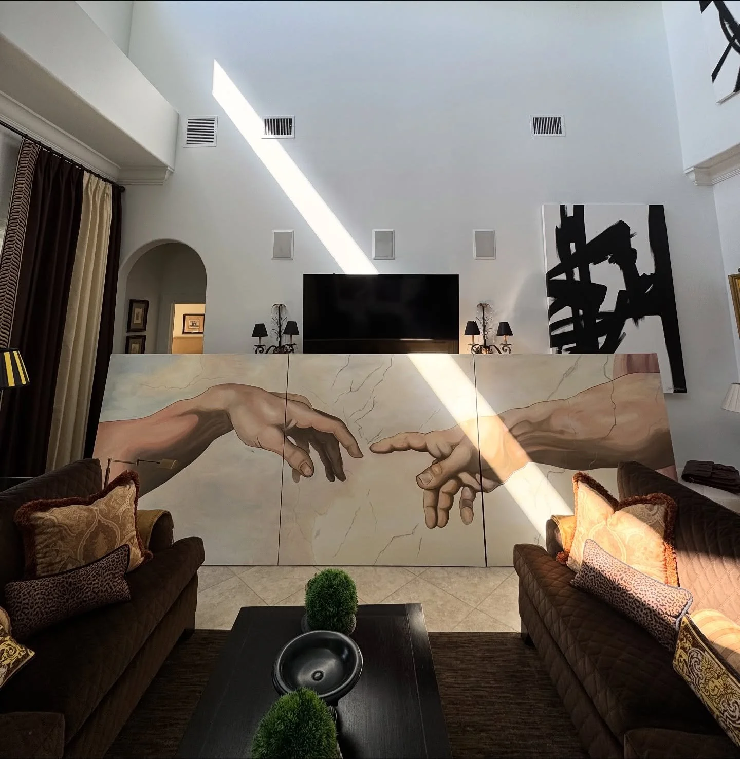 😅 
I took on one of the biggest challenges of my career for my most recent client who commissioned me to paint this huge 5x15&rsquo; piece for him. I&rsquo;m no #michelangelo but I did my best to paint this interpretation of #thecreationofadam from 