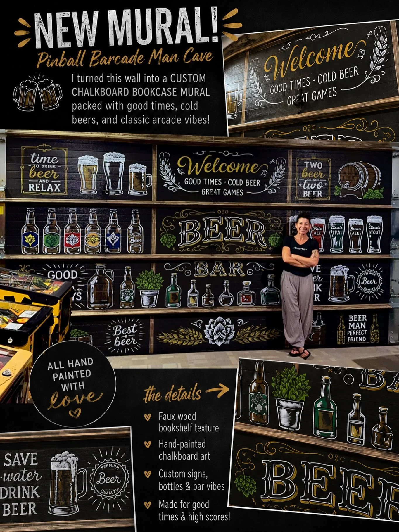 🍻🎮 Game on!

Just wrapped up this one-of-a-kind hand painted mural for a residential Pinball Barcade man cave and I&rsquo;m seriously obsessed with how it turned out! From the faux wood grain bookshelf to every bottle, beer mug, sign, and chalkboar