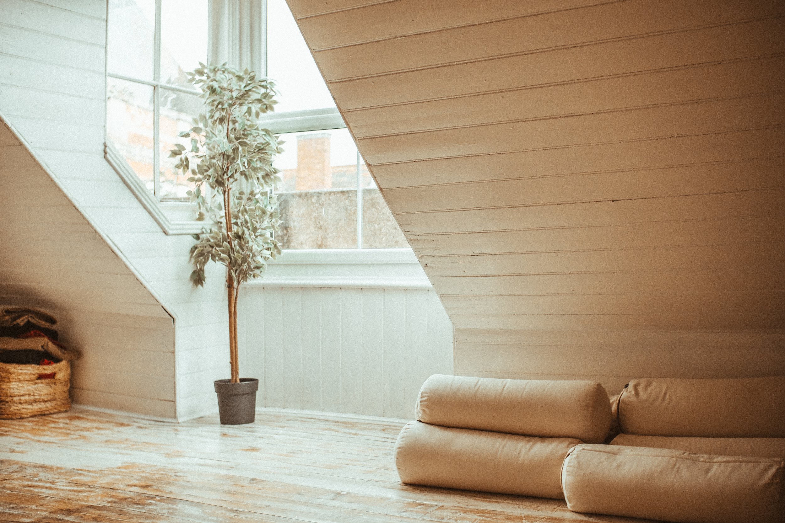 A cosy yoga studio with a large window, potted plant, cream-coloured yoga bolsters, a wooden floor, and a sloped wood-panelled ceiling.