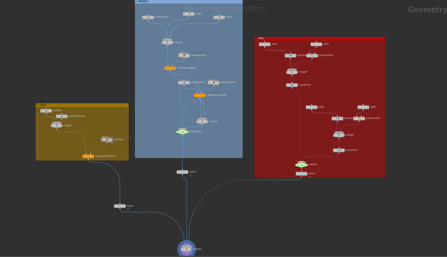 The tool node graph, highlighting the floors, walls, and windows