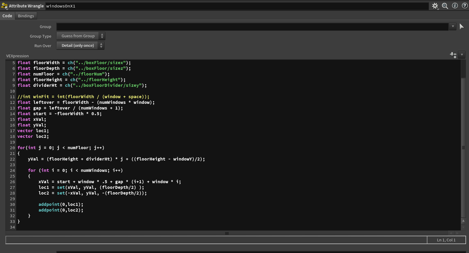 Custom VEX to space the windows evenly on each wall for each floor