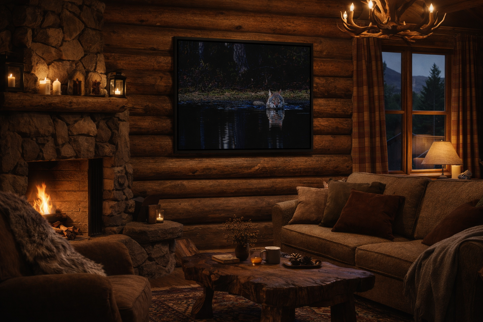 swimming wolf rustic livving room .png