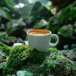 White cup of espresso with golden crema resting on a moss-covered rock, with green leaves and foliage blurred in the background.