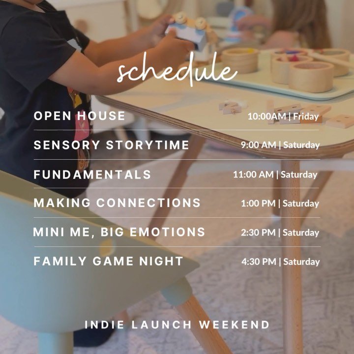 Indie launch weekend is finally here 🥳 we are SO ready to meet all of you! 

Join us Friday, 4/26 for our open house and Saturday 4/27 for a preview of the Indie Learning Studio, our drop-in enrichment program, offering an array of play-based classe