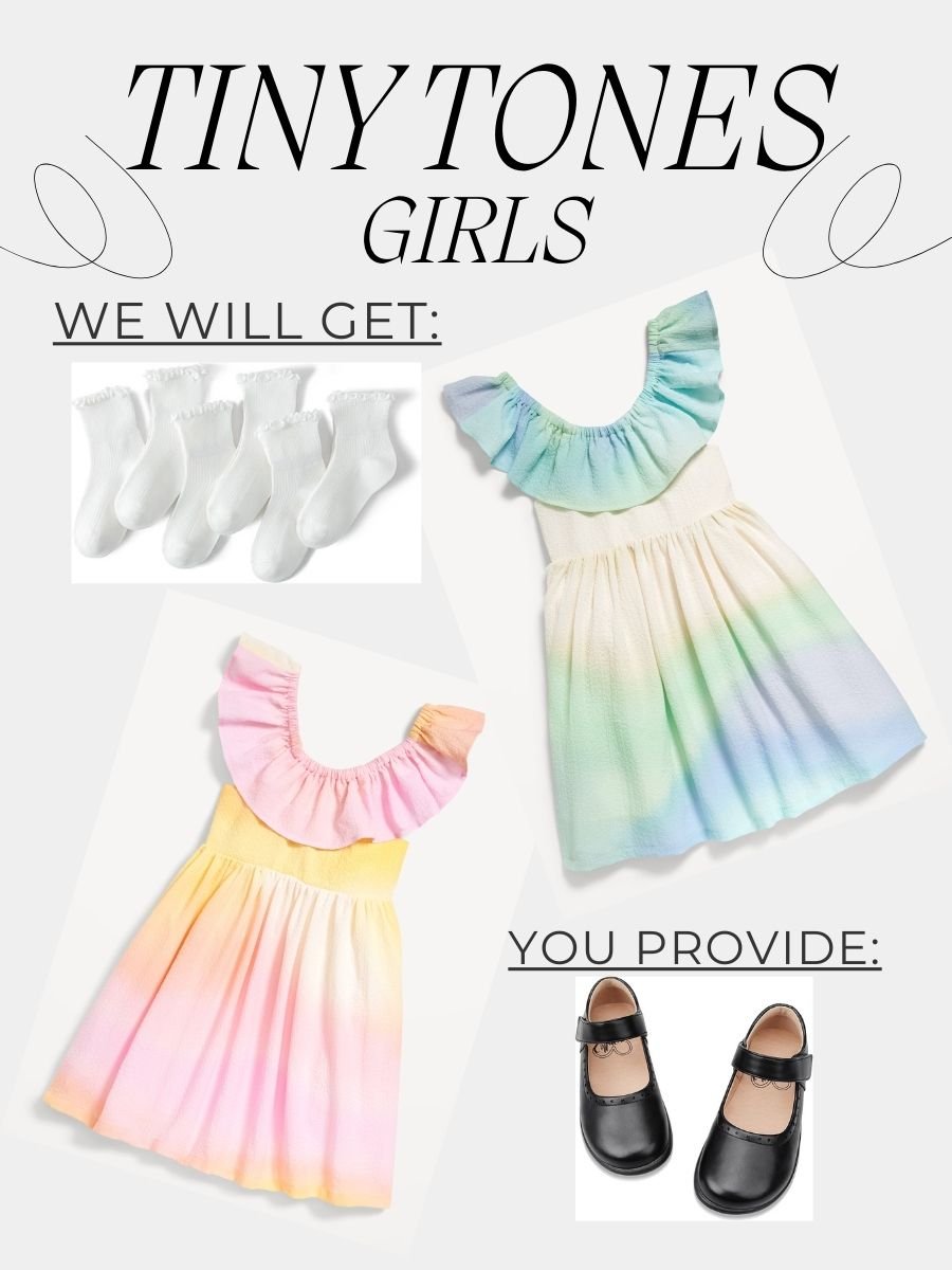 We provide: dress, white socks. You provide: black, closed toe dress shoes. Hair: Two low ponytails secured with hair ties. We will supply bows at a later time. Light makeup is ok. Small earrings and bracelets are ok, no necklaces.