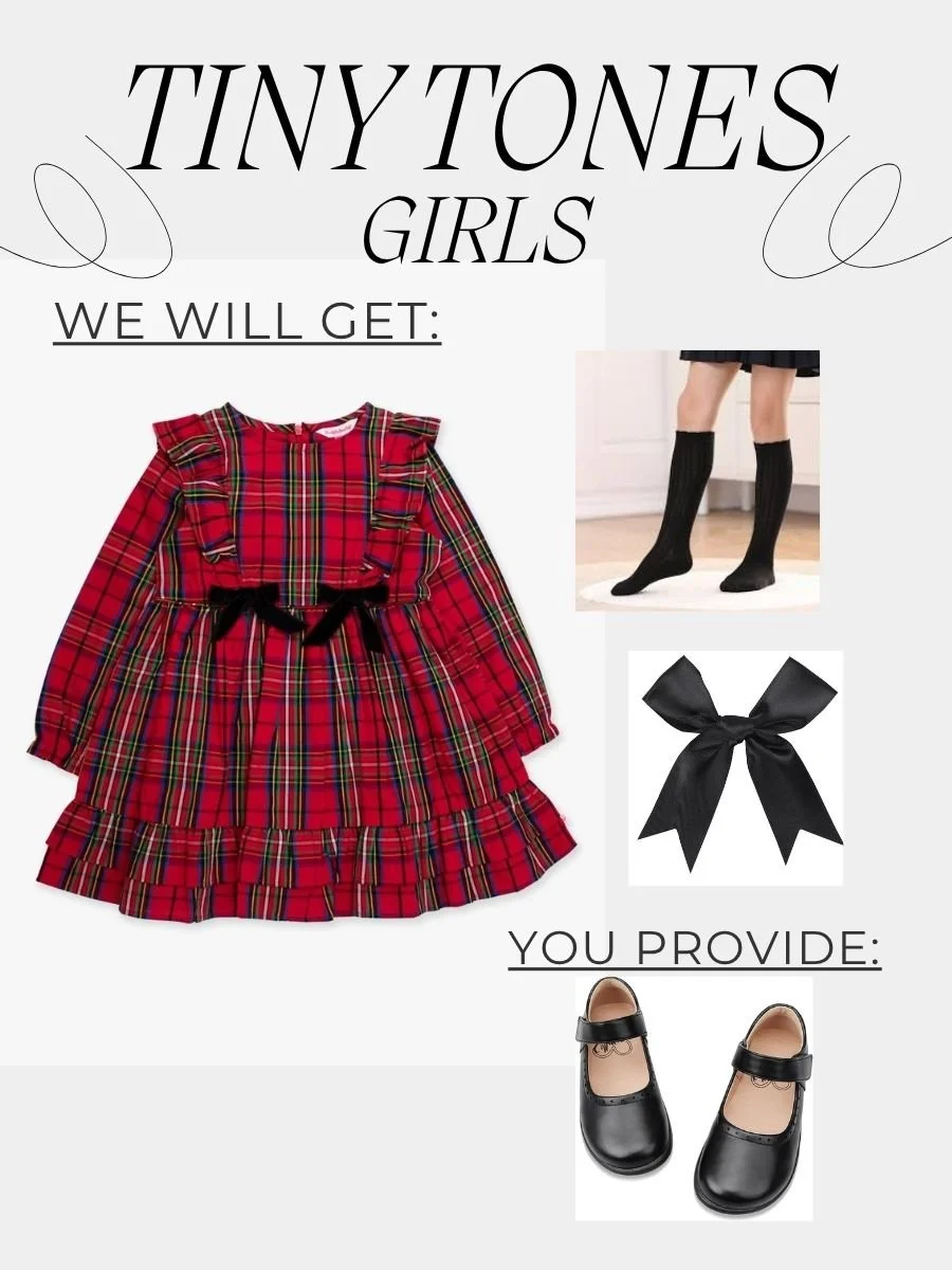We will provide: Dress, knee high socks, bows for hair
You will provide: Black dress shoes (no sandals)
Hair: Two curled ponytails with black bows over each pony
Makeup: Light blush and lips
