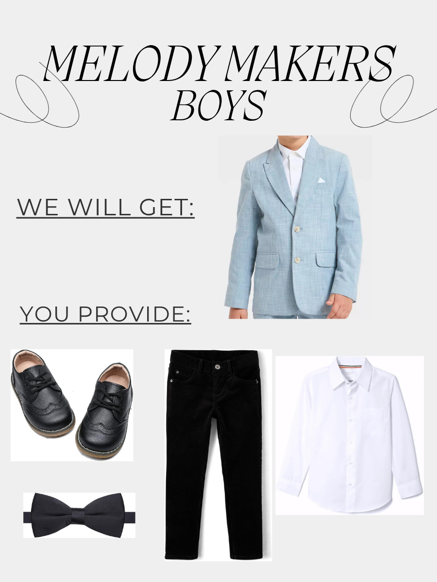 We provide: Blue blazer (and white shirt if your boy was in a red shirt for Christmas). You provide: (from Christmas) white shirt, black pants, black bow tie, black shoes. If you need another bow tie, please let me know as I have extras. Please have 