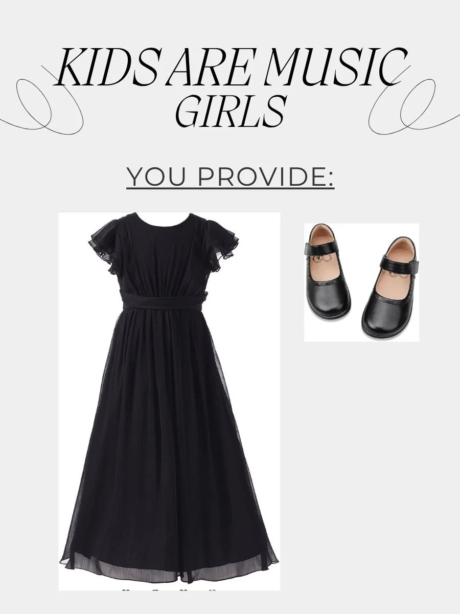 You will provide the dress and black dress shoes (no open toes or sandals). No tights or socks.
Hair: Any style, as long as it is away from the face. 
Makeup: Light makeup is ok. No dark eyeshadow or dark lips.