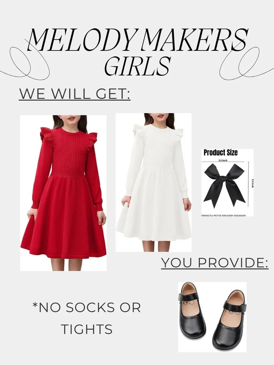 We will provide: Red or White dress, black bow for hair
You will provide: Black dress shoes
No socks or tights
Hair and Makeup: Hair down and curled with black bow clipping hair away from the face. Light makeup please, cheeks and lips