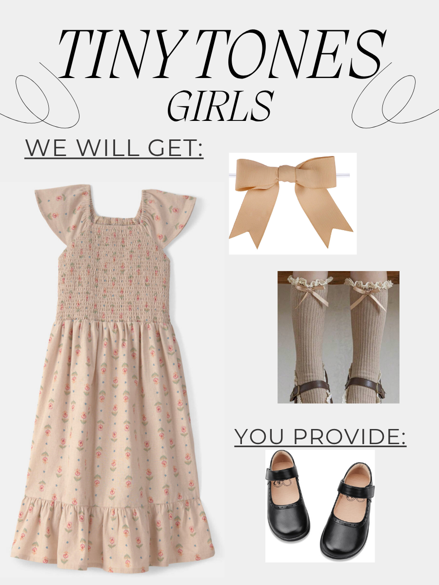 We provide: Tan dress, socks, and bows. You provide: Black dress shoes. Please have girls wear hair in two ponytails with two bows or in a half-up with one bow. 