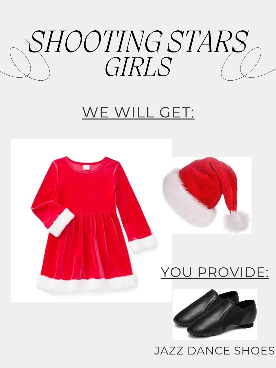 We will provide: Red dress and santa hat
You will provide: Black jazz dance shoes
Hair: Same ponytails under the hat
Makeup: Light blush and lips