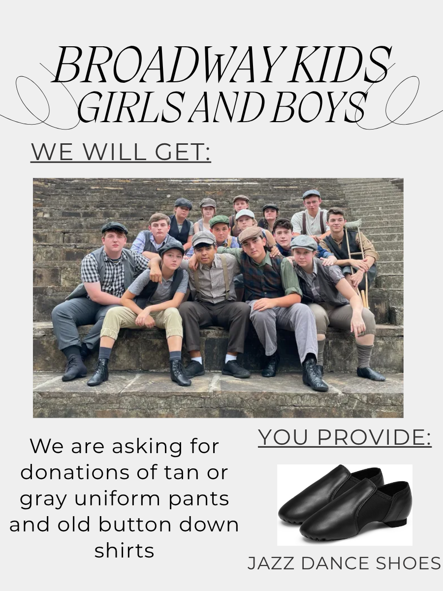 We provide: Hats, suspenders, vests, pants, shirts. We are asking for donations for button down shirts of any color and uniform pants in tan, gray and blue. You provide: Black jazz shoes.
