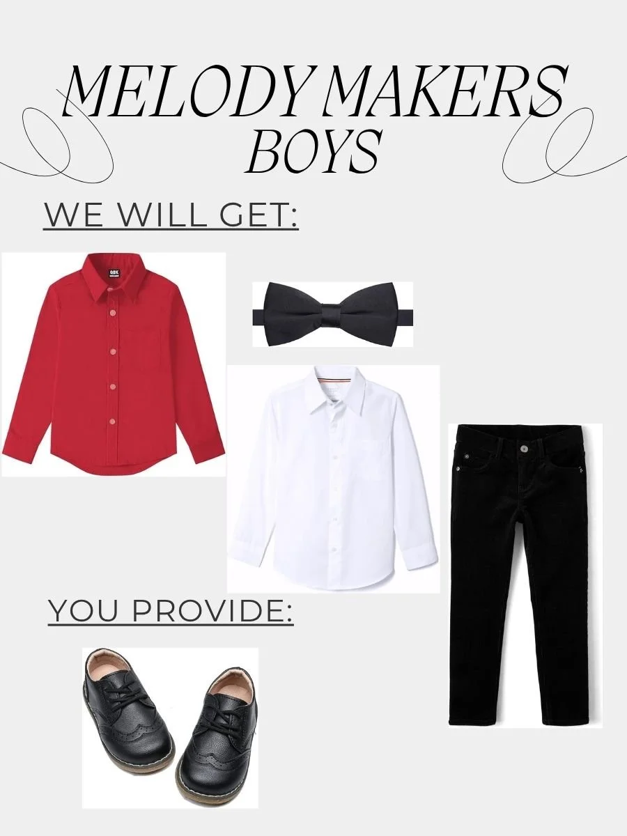 We will provide: Red or White dress shirts, bow ties, black pants
You will provide: Black dress shoes and black socks
Hair: Neatly combed