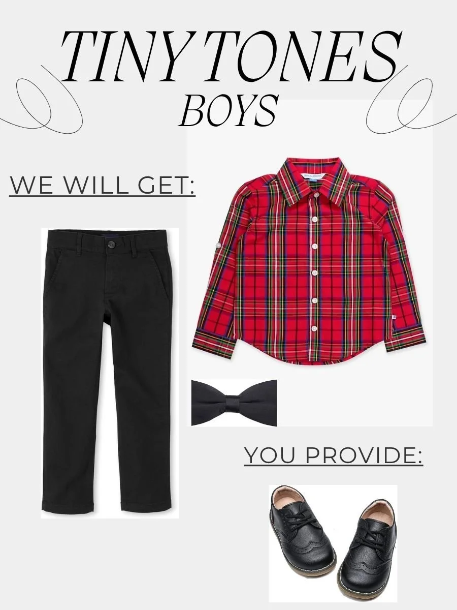 We will provide: Shirt, bow tie, dress pants
You will provide: Black dress shoes
Hair: Neatly combed