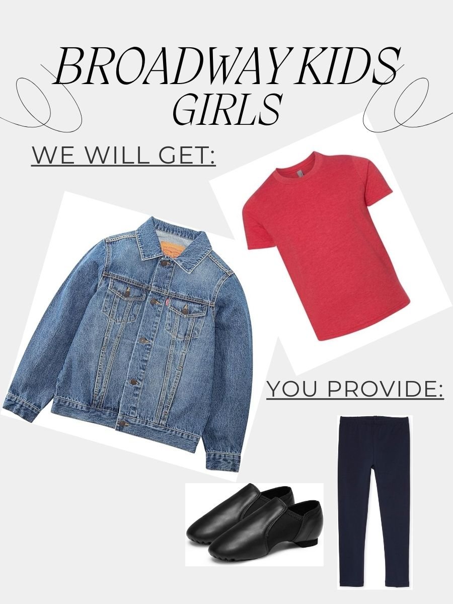 We provide: Jean jacket and red tee. You provide: Black leggings and black jazz or athletic shoes. Hair: 80's style - see Melody Makers. Small earrings ok.