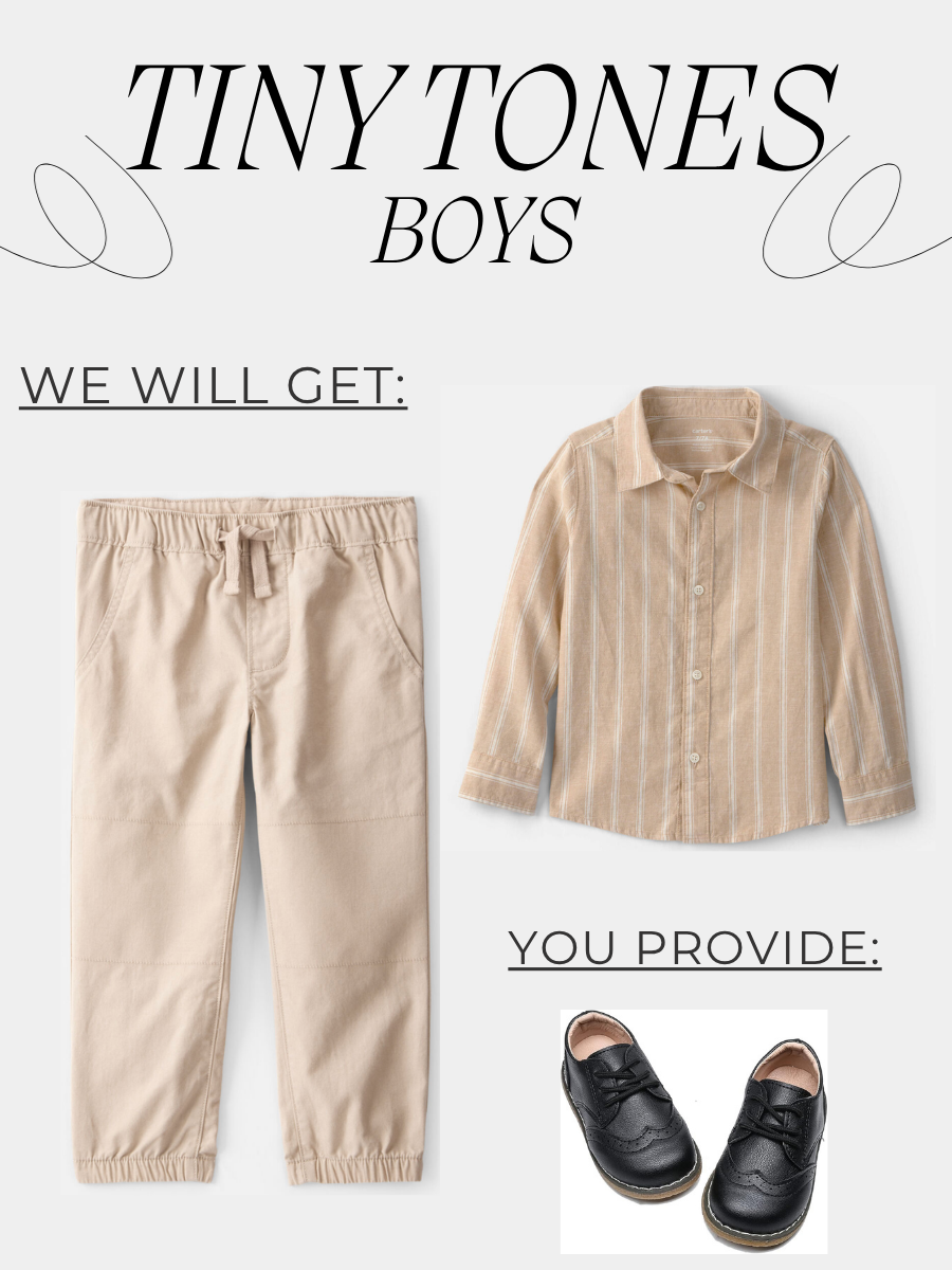 We provide: Tan shirt, tan pants. You provide: Black dress shoes. Please have hair combed neatly. 