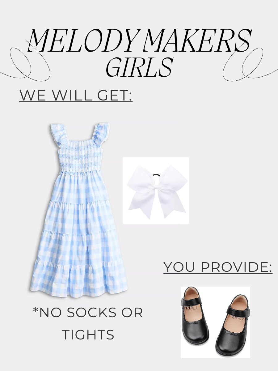 We provide: Blue dress, white bow. You provide: Black shoes. No socks or tights. Please have hair done in a half-up, half-down using the bow. If hair is too short, I can provide a clip option, please let me know. 