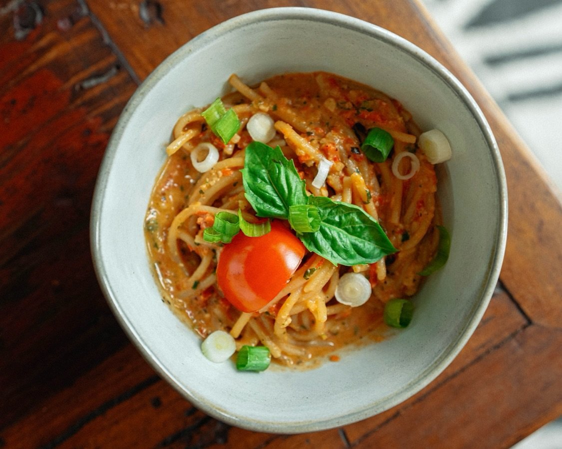 Da Red Pasta

INGREDIENTS: 

2/3 cup cashew (roasted and put aside)
3 cups red peppers (roasted to soften and char)
2 cups fresh basil 
2 full garlic bulbs 
1 cup olive oil 
S&amp;P (to taste)

1 box of gluten free pasta of choice (I use a veggie pas