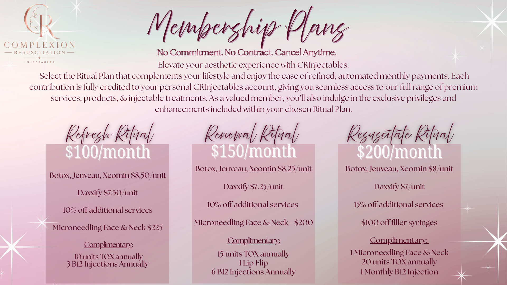 Botox, Aesthetic membership plans at Complexion Resuscitation Injectables, featuring three skincare treatment plans: Refresh Ritual, Renewal Ritual, and Resuscitate Ritual, with details on pricing, treatments included, and discounts for each plan.