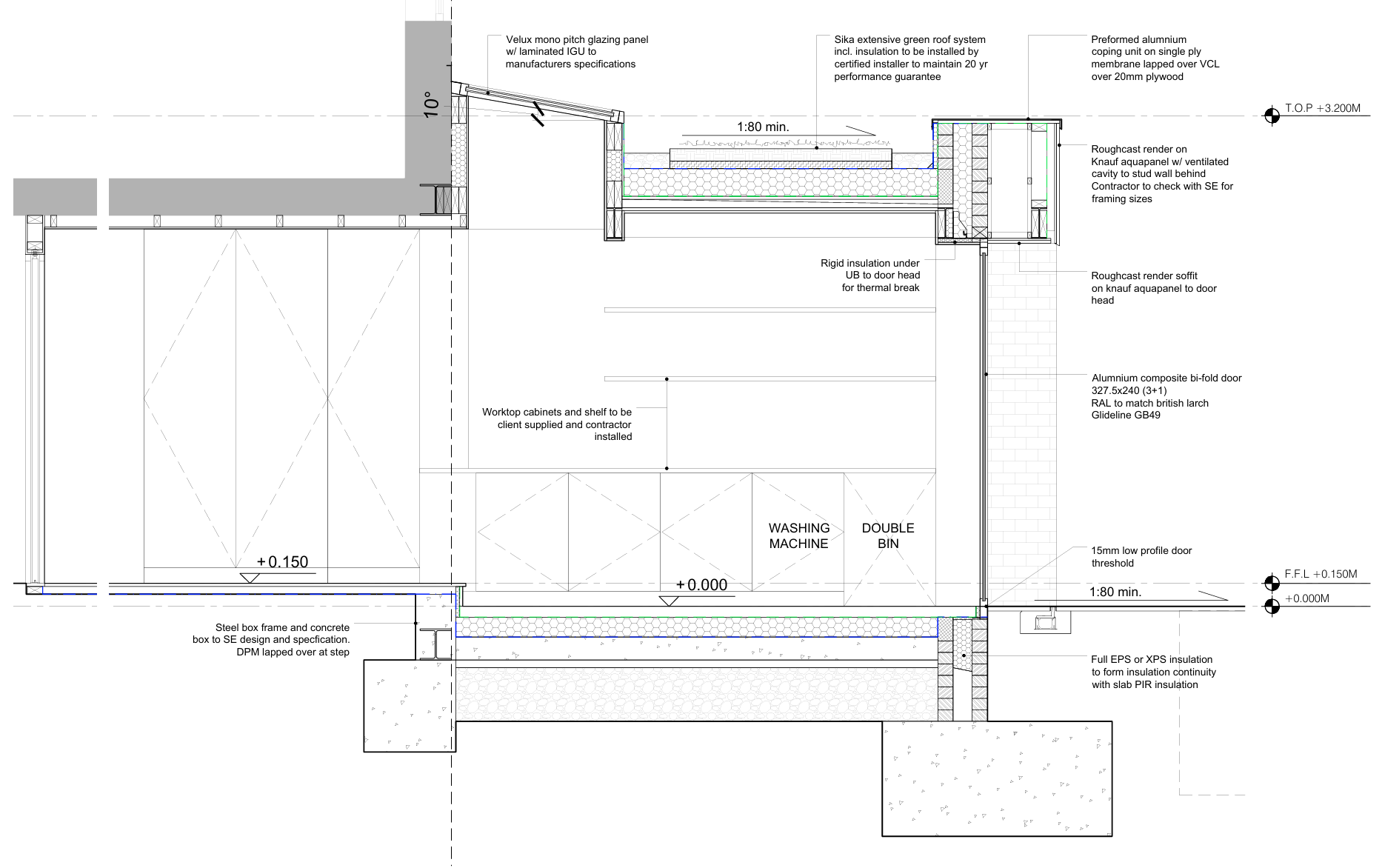 Architectural technical drawing of a building section highlighting insulation, roofing, and interior components including worktop cabinets, washing machine, and double bin.