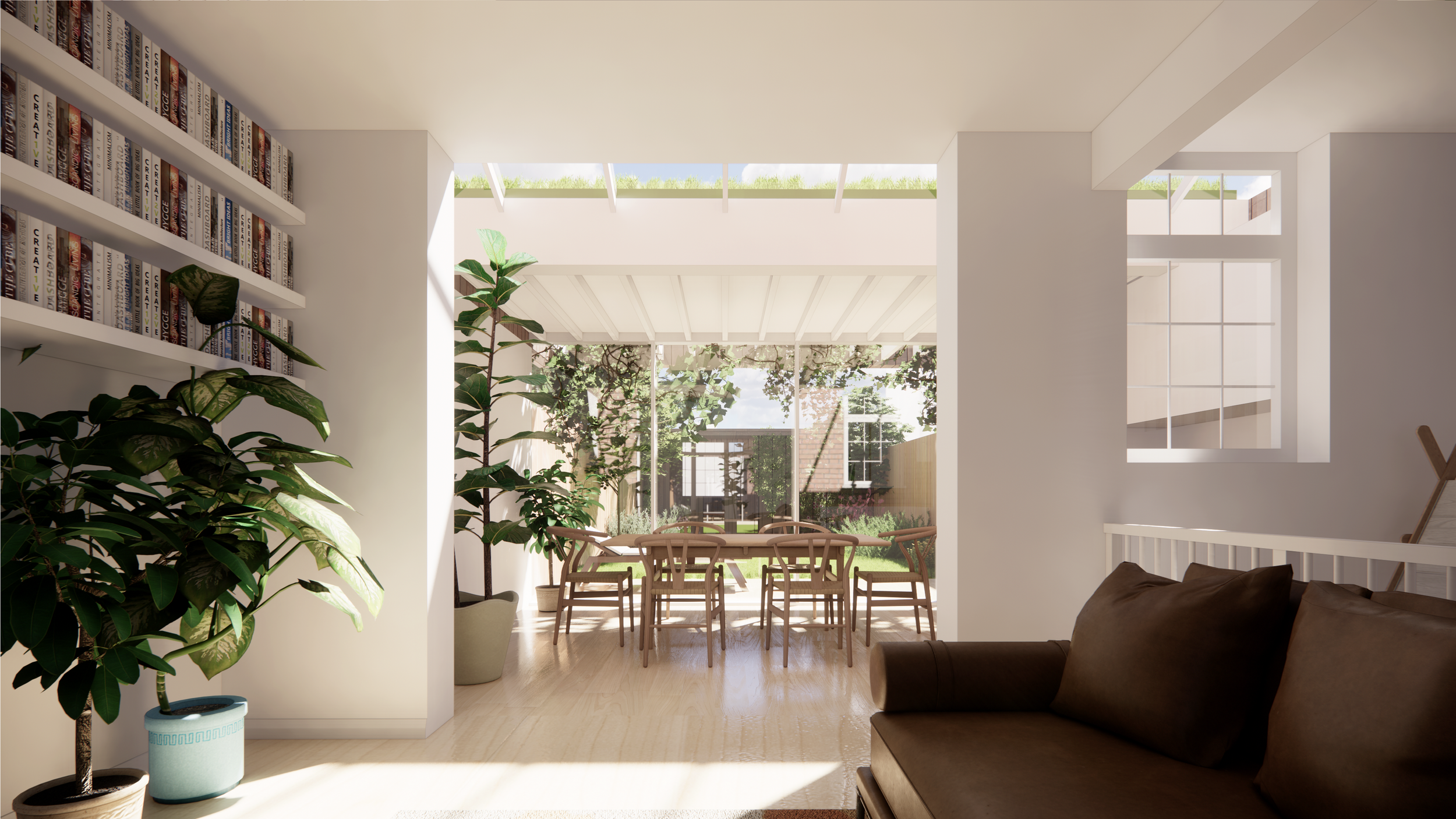 Bright living room with a brown couch, large potted plant, and bookshelf on the left; opens to a dining area with chairs and a view of the backyard through large glass doors and windows.