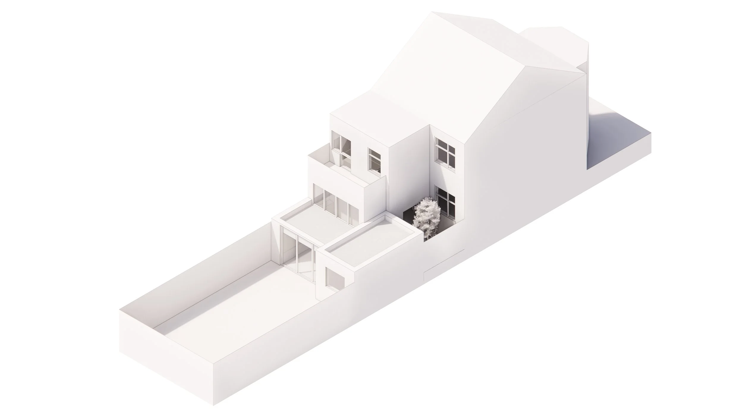 White modern house with a small front yard and backyard, situated on a long narrow lot.