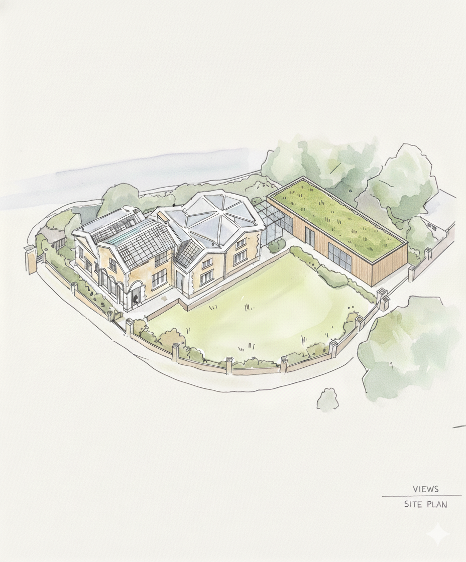 A detailed site plan illustration of a large residential property featuring a multi-story house with solar panels, a separate building with a green roof, a yard, and surrounding trees and fencing.