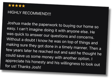 Five-star client review praising The Legacy Team for helping with a home purchase and answering questions throughout the mortgage process