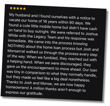 Detailed five-star client testimonial about buying a home with guidance and support from The Legacy Team