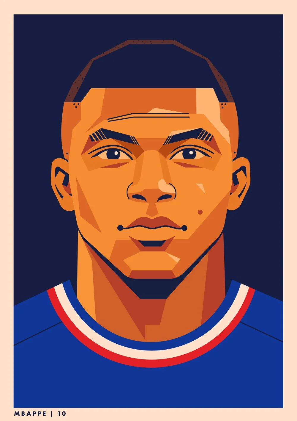 Digital illustration of Kylian Mbappé, a football player, wearing a blue jersey with red and white trim, with the number 10 and his name at the bottom.