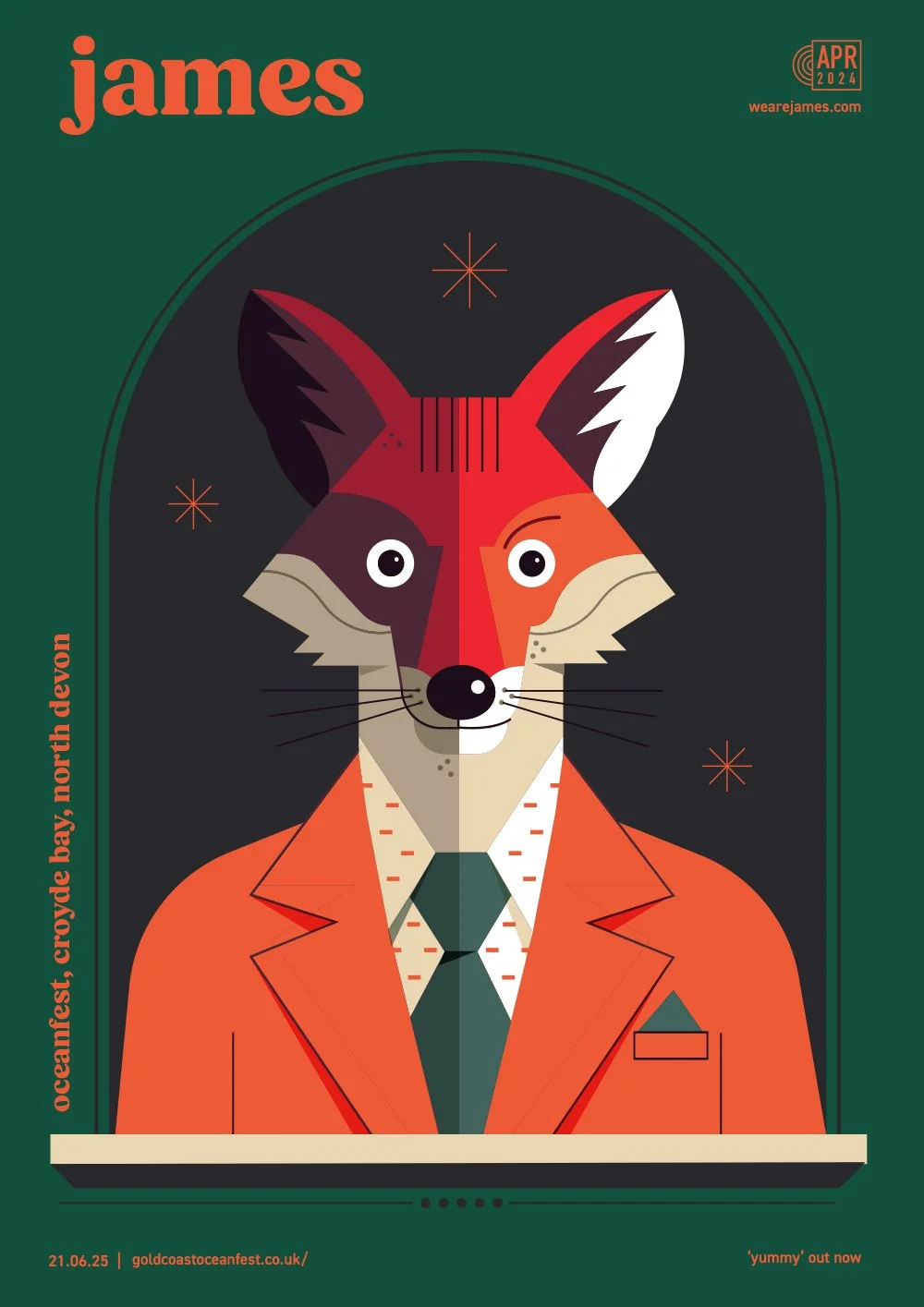 Illustration of a fox wearing an orange suit and tie, depicted in a stylized, geometric art style on a dark background with stars and event details at the top and bottom.