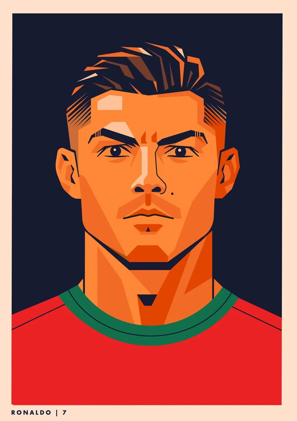 Stylized digital portrait of Cristiano Ronaldo wearing a red jersey with green collar, set against a dark background.