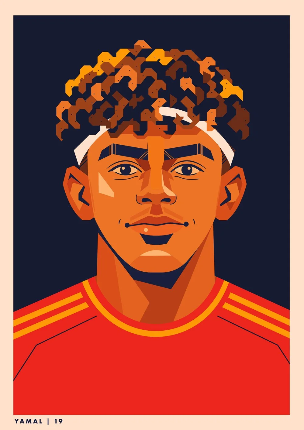 Digital illustration of a young man with curly hair, wearing a red sports jersey with yellow stripes, set against a dark background.