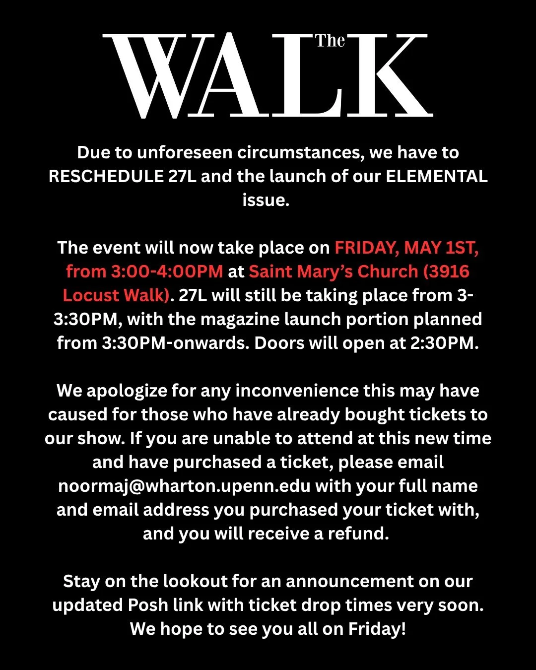 Due to unforseen circumstances, 27L and the launch of our ELEMENTAL issue has been rescheduled from April 29th to THIS Friday, MAY 1st in a new location.

Join us at Saint Mary&rsquo;s Church (3916 Locust Walk) from 3-4pm with doors open at 2:30: 
🫂