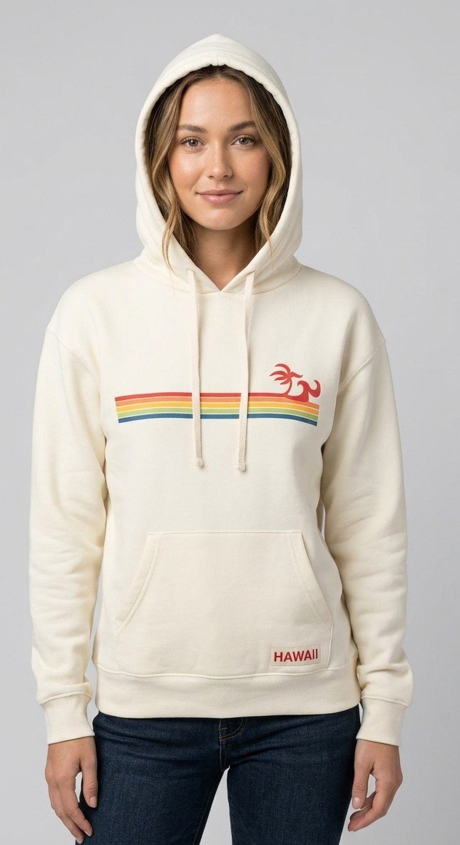 Young woman with shoulder-length dark hair wearing a pink hoodie with graphic text and illustrations, standing against a gray background.