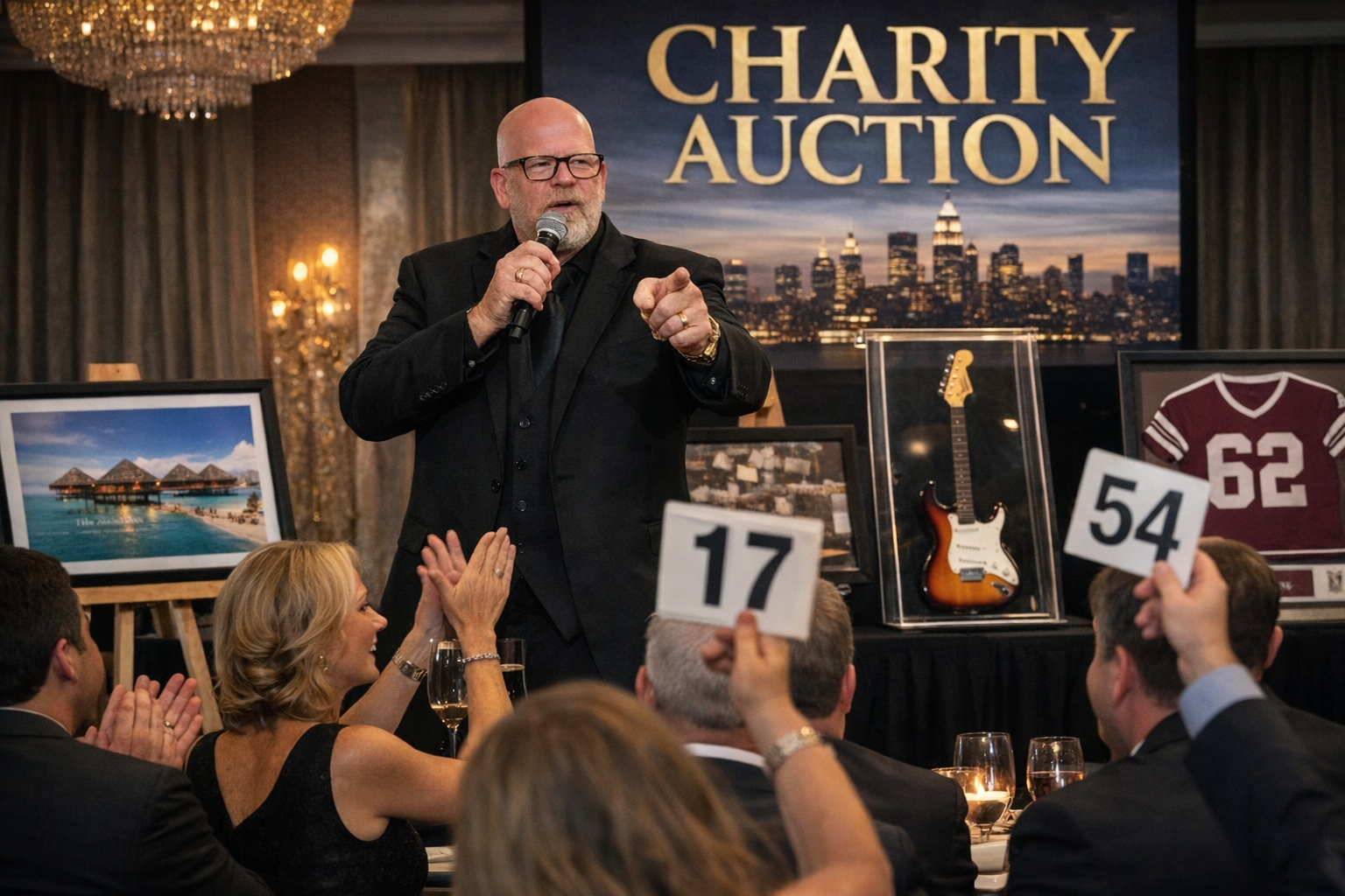 Professional charity auctioneer George Wooden energizing donors during a live charity auction fundraiser in Manhattan that raised $96,300 with only 100 guests in the room.